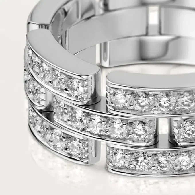 Anello Maillon Panthere, 3 file con pavé di diamanti – Oro bianco, Diamanti – Cartier