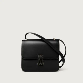 Borsa a tracolla, Mini, Double C De Cartier – Pelle di vitello nera, finitura in oro e smalto nero – Cartier
