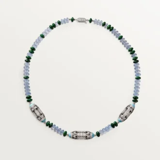 Collana di alta gioielleria – Oro bianco, calcedonio, skarn, turchese, lacca nera, diamanti – Cartier