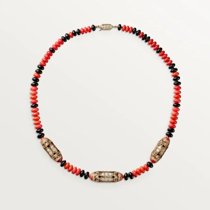 Collana di alta gioielleria – Oro rosa, corallo, onice, lacca nera, diamanti – Cartier