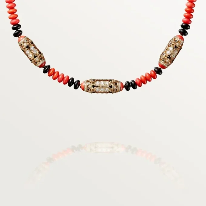 Collana di alta gioielleria – Oro rosa, corallo, onice, lacca nera, diamanti – Cartier
