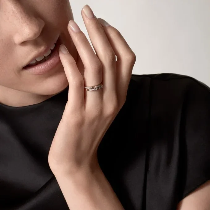 Fede nuziale sottile Maillon Panthere, 2 mezze file pavé di diamanti – Oro rosa, Diamanti – Cartier