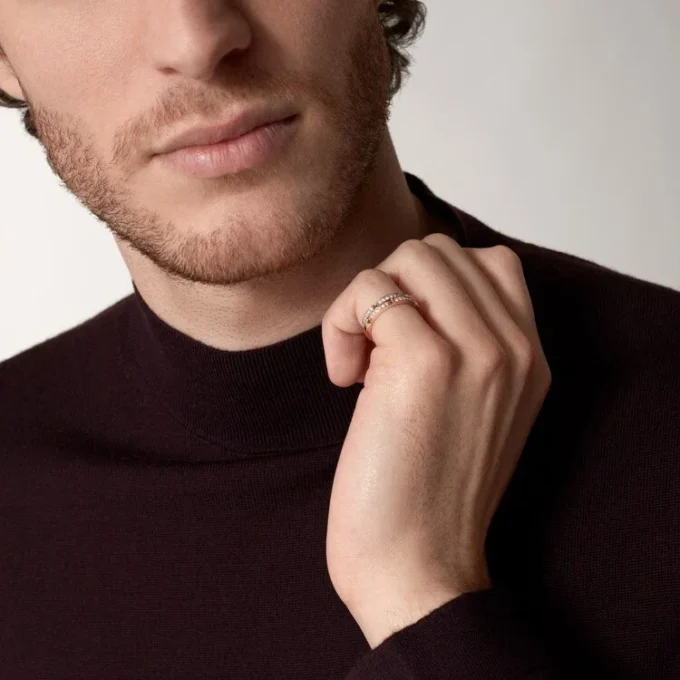 Fede nuziale sottile Maillon Panthere, 2 mezze file pavé di diamanti – Oro rosa, Diamanti – Cartier