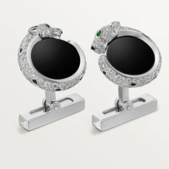Gemelli Panthere De Cartier – Oro bianco rodiato, diamanti, smeraldi, onice – Cartier