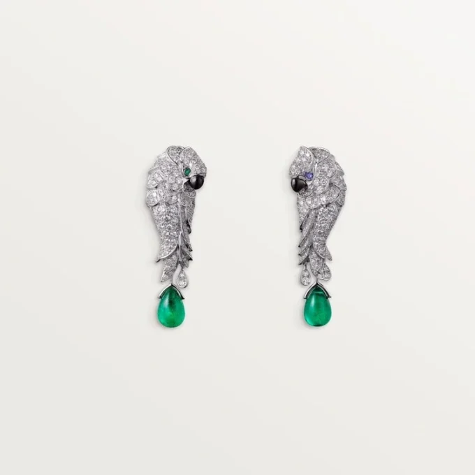 Orecchini Faune Et Flore De Cartier, gocce di smeraldo, pavé