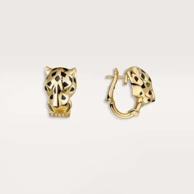 Orecchini Panthere De Cartier – Oro giallo, lacca, diamanti, granati tsavoriti, onice – Cartier
