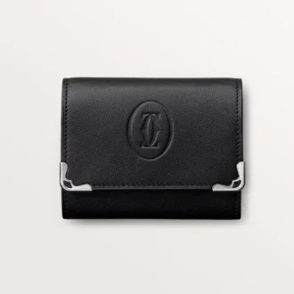 Portamonete quadrato, Must De Cartier – Pelle di vitello nera, finitura in acciaio inossidabile – Cartier
