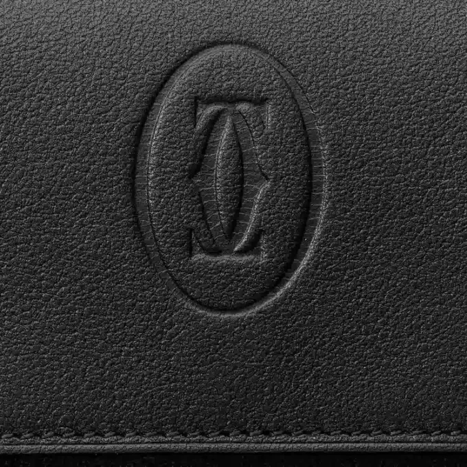 Portamonete quadrato, Must De Cartier – Pelle di vitello nera, finitura in acciaio inossidabile – Cartier